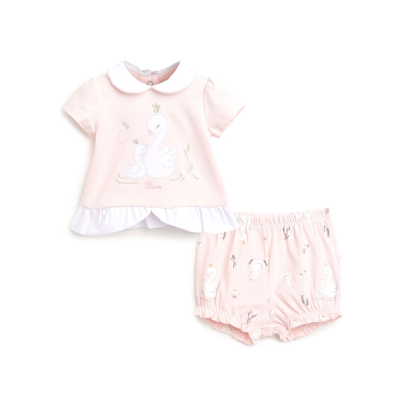 Girls Light Pink Applique Outfit with Short Pants image number 0